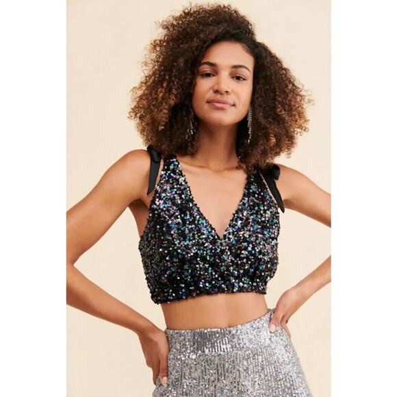 Free People Tops - NEW Free People Intimately Big Night Sequin Crop Top BLACK Women's LARGE